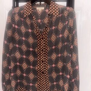 Max Studio Black, Tan & Maroon Patterned Button Up Blouse